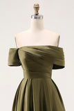 Off the Shoulder Olive A-Line Ruched Satin Ankle Length Mother of the Bride Dress