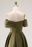 Off the Shoulder Olive A-Line Ruched Satin Ankle Length Mother of the Bride Dress