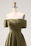 Olive A-Line Off the Shoulder Ruched Satin Ankle Length Mother of the Bride Dress