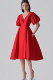 Red A Line Satin Formal Dress with Puff Sleeves