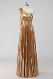 Golden Metallic Satin Pleated One Shoulder A-Line Formal Dress