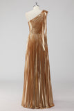 Golden Metallic Satin Pleated One Shoulder A-Line Formal Dress