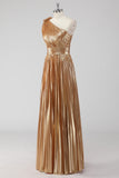 Golden Metallic Satin Pleated One Shoulder A-Line Formal Dress