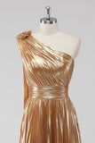 Golden Metallic Satin Pleated One Shoulder A-Line Formal Dress