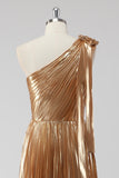 Golden Metallic Satin Pleated One Shoulder A-Line Formal Dress