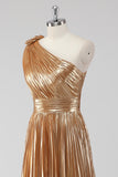 Golden Metallic Satin Pleated One Shoulder A-Line Formal Dress