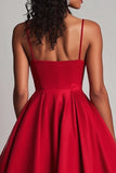 Red Satin A-Line Tea Length Formal Dress