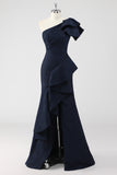 Navy One Shoulder Mermaid Ruffled Formal Dress