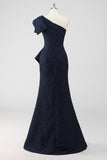 Navy One Shoulder Mermaid Ruffled Formal Dress