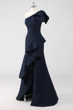 Navy One Shoulder Mermaid Ruffled Formal Dress