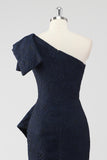 Navy One Shoulder Mermaid Ruffled Formal Dress