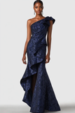 Navy One Shoulder Mermaid Ruffled Formal Dress