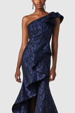 Navy One Shoulder Mermaid Ruffled Formal Dress