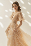 Apricot A Line V Neck Tulle Long Formal Dress