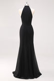 Black Halter Neck Ruffles Mermaid Long Formal Dress with Slit