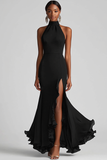 Black Halter Neck Ruffles Mermaid Long Formal Dress with Slit