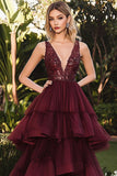 Deep V Neck Burgundy 3 Tiered Layers Floor Length Formal Dress