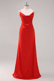 Red Satin Spaghetti Straps Sheath Formal Dress