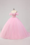 Princess Pink Ball Gown Off the Shoulder Beading Tulle Quinceanera Dress