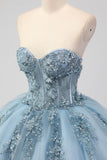 Princess Grey Blue Strapless Tulle Quinceanera Dress with Appliques