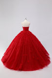 Sparkly Red Ball Gown Strapless Tulle Quinceanera Dress with Flower Appliques