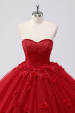 Sparkly Red Ball Gown Strapless Tulle Quinceanera Dress with Flower Appliques