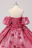 Princess Fuchsia Ball Gown Off the Shoulder Puff Sleeves Quinceanera Dress with 3D Flowers