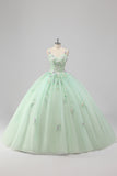 Princess Green Ball Gown Spaghetti Straps Tulle Quinceanera Dress with 3D Flower Appliques