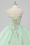 Princess Green Ball Gown Spaghetti Straps Tulle Quinceanera Dress with 3D Flower Appliques