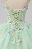 Princess Green Ball Gown Spaghetti Straps Tulle Quinceanera Dress with 3D Flower Appliques