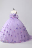 Sparkly Lilac Ball Gown Off the Shoulder Puff Sleeves Tulle Quinceanera Dress with 3D Flowers