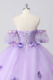 Sparkly Lilac Ball Gown Off the Shoulder Puff Sleeves Tulle Quinceanera Dress with 3D Flowers