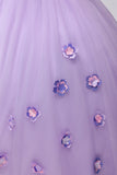 Sparkly Lilac Ball Gown Off the Shoulder Puff Sleeves Tulle Quinceanera Dress with 3D Flowers