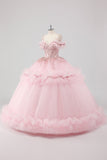 Princess Blush Ball Gown Cold Shoulder Ruffles Tulle Quinceanera Dress with Sequined Embroidery