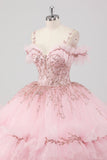 Princess Blush Ball Gown Cold Shoulder Ruffles Tulle Quinceanera Dress with Sequined Embroidery