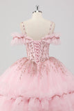 Princess Blush Ball Gown Cold Shoulder Ruffles Tulle Quinceanera Dress with Sequined Embroidery