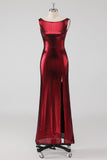 Burgundy Satin Round Neck Sheath Formal Dress with Slit