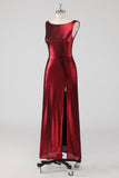 Burgundy Satin Round Neck Sheath Formal Dress with Slit