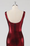 Burgundy Satin Round Neck Sheath Formal Dress with Slit