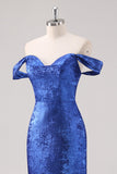 Royal Blue Satin Off The Shoulder Long Formal Dress with Detachable Sleeves