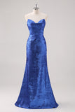 Royal Blue Satin Off The Shoulder Long Formal Dress with Detachable Sleeves