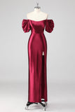 Sparkly Burgundy Off The Shoulder Formal Dress with Slit