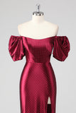 Sparkly Burgundy Off The Shoulder Formal Dress with Slit