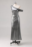 Silver Black Sheath One Shoulder Formal Dress with Slit