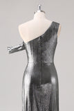 Silver Black Sheath One Shoulder Formal Dress with Slit