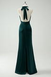 Halter Neck Pine Green Mermaid Long Bridesmaid Dress with Slit