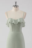 Dusty Sage Sheath Ruffled Spaghetti Straps Bridesmaid Dress