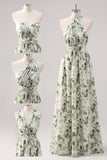 Green Flower A Line One Shoulder Convertible Design Bridesmaid Dress