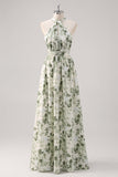 A-Line Ruched Convertible Design Floor Length Green Floral Bridesmaid Dress