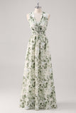 A-Line Ruched Convertible Design Floor Length Green Floral Bridesmaid Dress